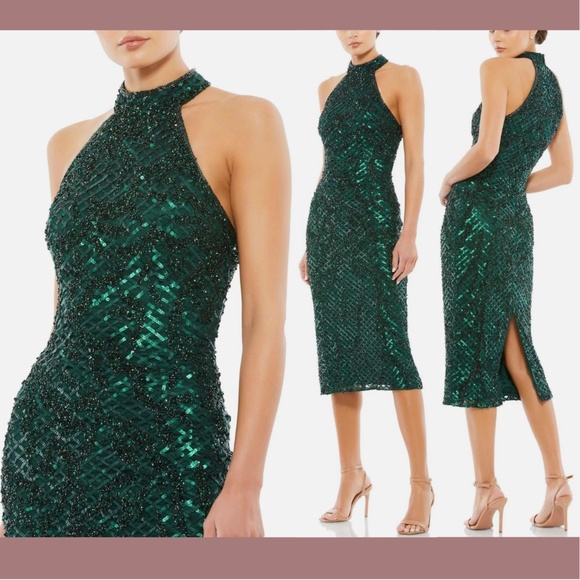 NWT $398 MAC DUGGAL [ 8 ]‎ Sequined Halter Midi Dress in Bottle Green - Picture 1 of 14